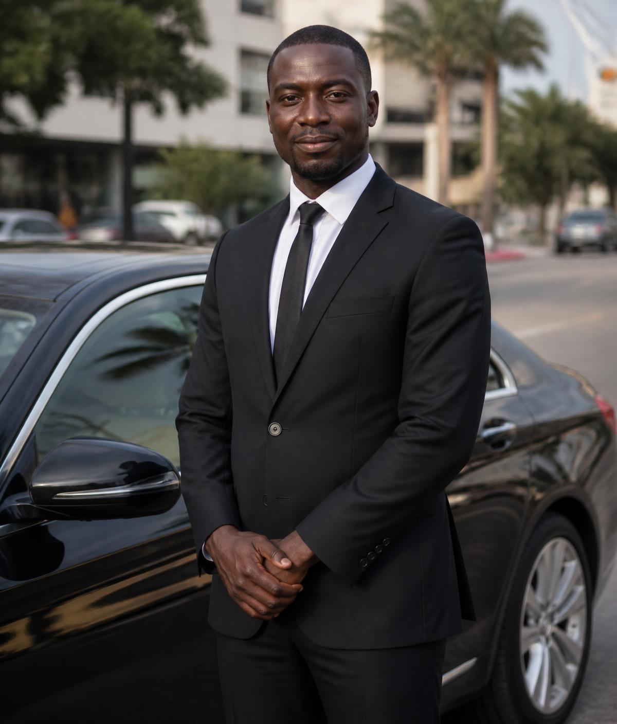 A professional Koinonia Xpress chauffeur beside an executive sedan