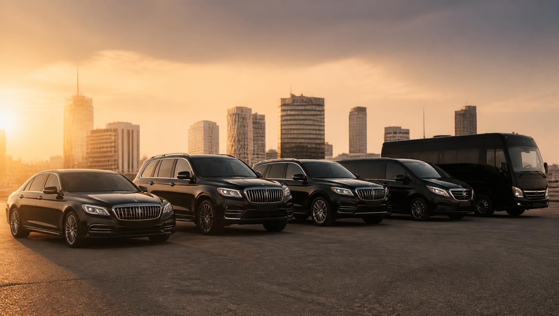 Koinonia Xpress fleet of executive vehicles at golden hour in Accra